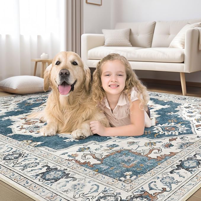 9x12 Washable Area Rug: Vintage Neutral Soft Non Slip Thin Large Floor Carpet - Image 7