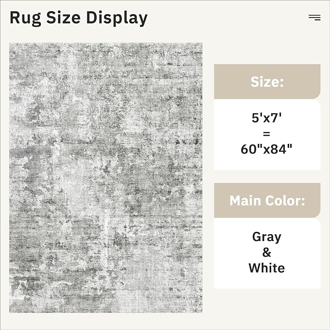 Soalmost Abstract Rug 5x7 Machine Washable Area Indoor Grey White Low Pile - Image 5