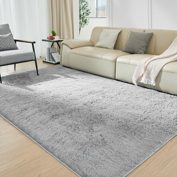 Ultra Soft Rug for Living Room, 8X10 Light Grey Fluffy Shag Area Rug for Bedroom - Image 3