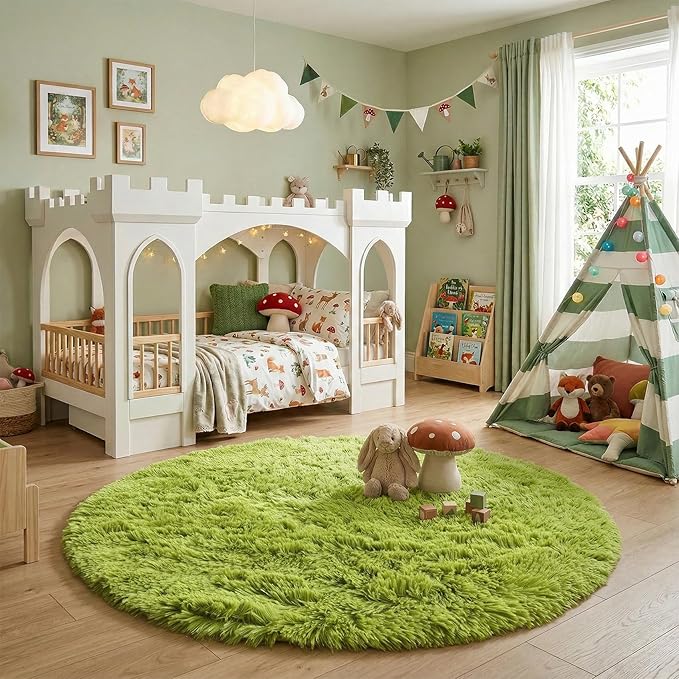Grass Green Round Rug 4Ft for Bedroom, Fluffy Shag Circle Area Rugs for Kids - Image 5