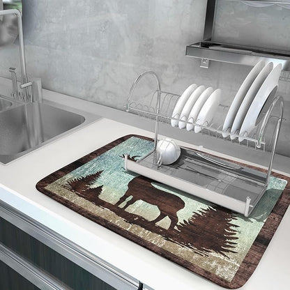 Giwawa Retro Deer Forest Cabin Silhouette Dish Drying Mat Countertop 18x24 Fall - Image 5