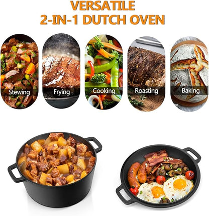 P&P CHEF 5Qt Dutch Oven Pot for Bread Baking, 2 In 1 Round Cast Iron Dutch Oven - Image 6
