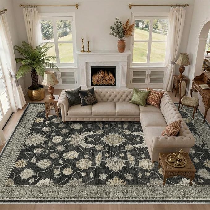 9x12 Area Rug for Living Room-Vintage Farmhouse Boho Floral Washable Stain - Image 5