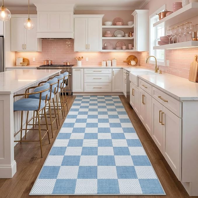 GarveeHome Checkered Light Blue 2x3 Washbale Rug Door Mat Geometric Diamond Dot - Image 4