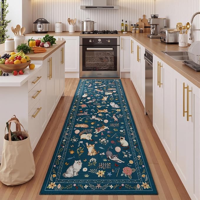 Unirea 2x6 Dark Blue Cat Runner Rug, Washable Non Slip Botanical Rug - Image 3