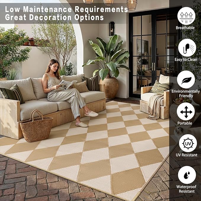 Outdoor Plastic Checkered Rug Waterproof Patio 9x12 Beige Brown Diamond - Image 4