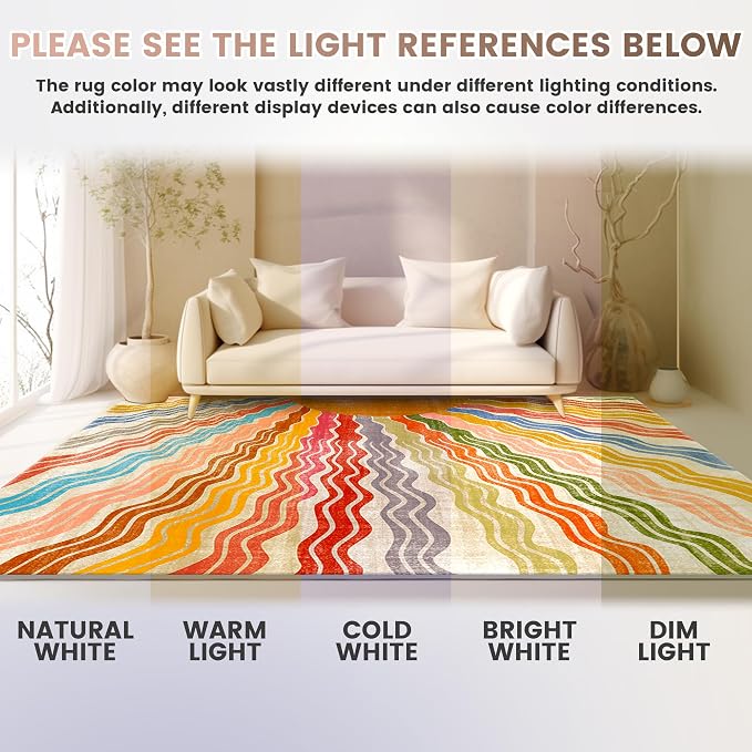 Washable 5x7 Sun Area Rug for Living Room, Rainbow Sun Modern Retro Large Area - Image 8
