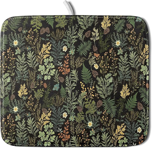 Black Green Botanical Dish Drying Mat by Kawani
