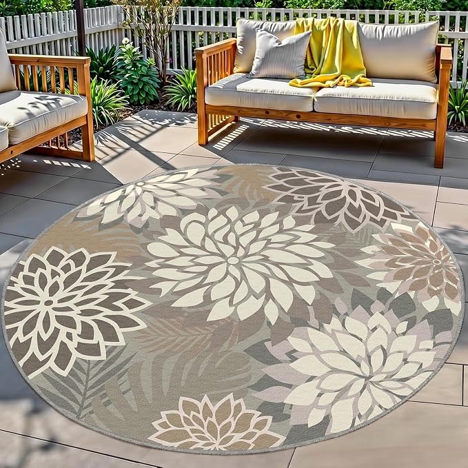 6x6 Outdoor Area Rug Washable Multicolored Patio Rug Tropical Botanical Floral by ArenaRug