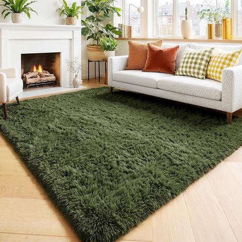 Amdrebio Olive Green Rugs for Bedroom Living Room, Fluffy Shaggy Modern Area by Amdrebio