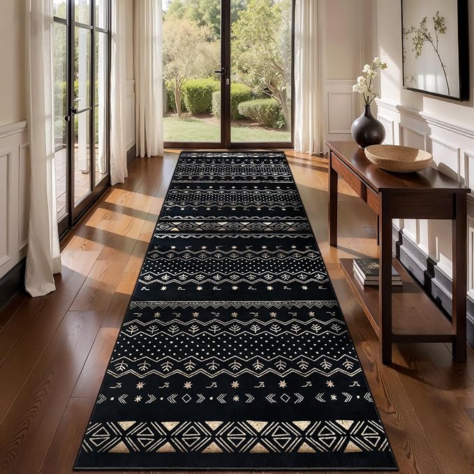 SERISSA Hallway Runner Rug, 2x10 Washable Non-Slip Black Gold Grad Runners by SERISSAHomeDecorCollection