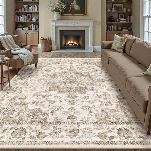 10x12 Neutral Area Rug Brown Vintage Living Room Bedroom Washable Carpet by WondRg