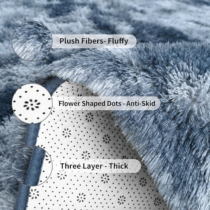 FlyDOIT Large Area Rugs for Living Room, 5x8 Feet Tie-Dyed Blue Grey Shaggy Rug - Image 6