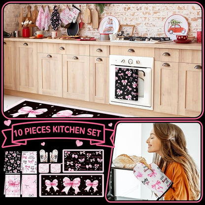 Fourluoo 10 Pcs Bow Kitchen Dish Towels Rugs Oven Mitts and Pot Holders Set - Image 2