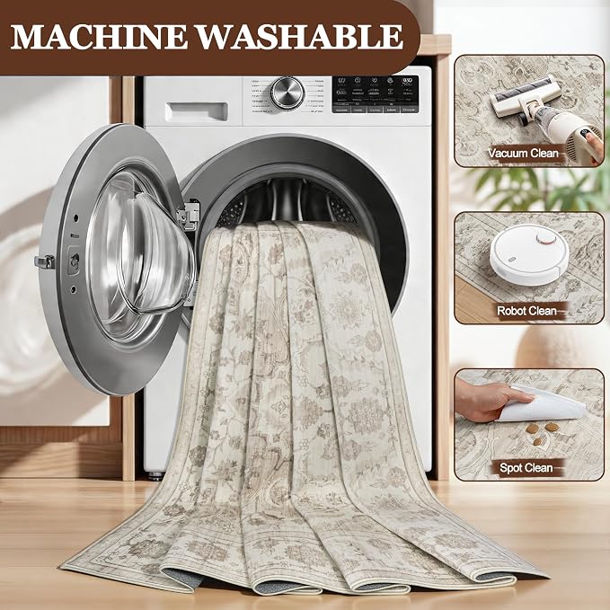 5x7 Area Rugs for Living Room:Beige Washable Vintage Medallion Carpet Non-Slip - Image 7