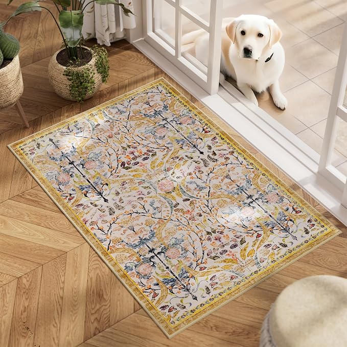 AMTOVO 2x3 Washable Indoor Welcome Door Mat, Vintage Boho Floral Distressed - Image 2