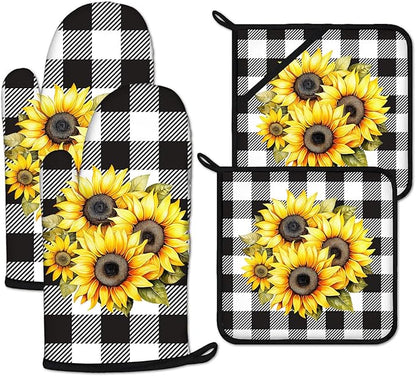 Sunflower Oven Mitts and Pot Holders Sets Heat Resistant 4Pcs Black White by ANTJOO