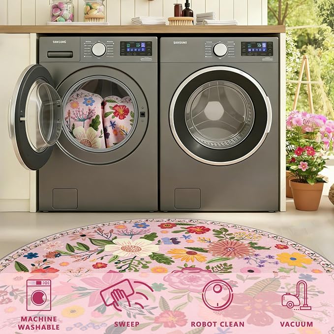 Latte&Fog Pink Floral Circle Area Rug, 4ft Round Cute Area Rug, Low Pile Non - Image 8