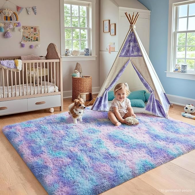 Ophanie Rainbow Purple Rug for Bedroom Girls, Unicorn Colorful Mermaid Fluffy - Image 5