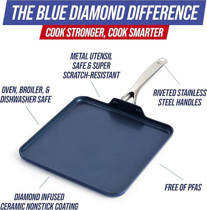 Blue Diamond 11" Nonstick Square Griddle Pan, Non Toxic PFAS-Free Diamond - Image 4