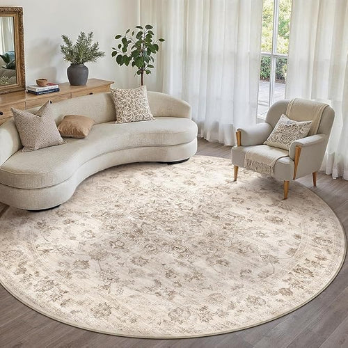 8x8 Washable Neutral Round Rug Beige Vintage Living Room Bedroom Circle Rug by WondRg