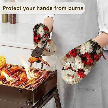 Oven Mitts and Pot Holders White Red Flower Silicone Kitchen Accessories Set of - Image 6