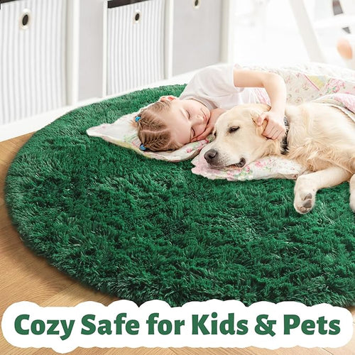 Amdrebio Dark Green Fluffy Round Rugs 5Ft - Image 2