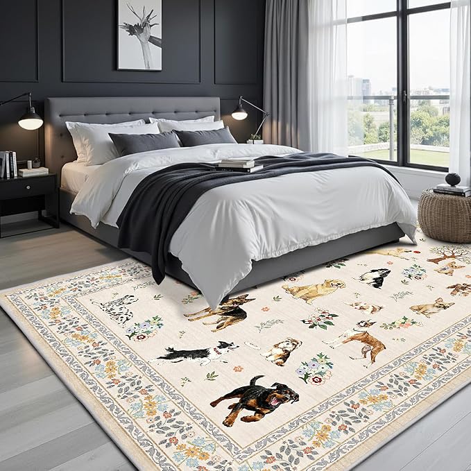 Beige Area Rugs 9x12 Living Room, Washable Dog Rug Non Slip Floral Low Pile - Image 5