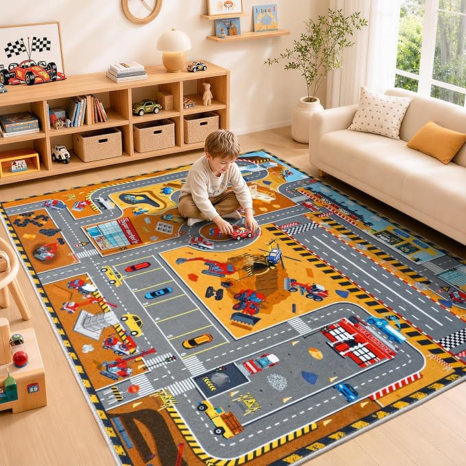 Kids Room Rug 5x7 Ft, Washable Soft Construction Site Road Map Rug, Non-Slip - Image 6