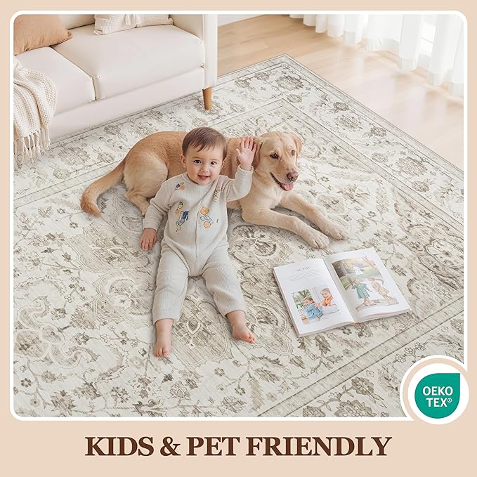 8x10 Area Rugs for Living Room:Beige Washable Vintage Medallion Carpet Non-Slip - Image 5