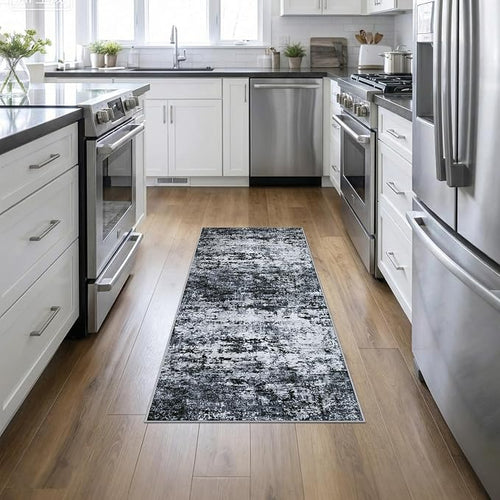 2'x5'Runner Rug Washable Rug: Modern Abstract Soft Thin Runner Rug Black by FXRHLP
