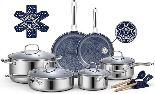 Ammeloo Hybrid Stainless Steel Cookware Set, 17-Piece Tri-Ply Pots and Pans Set by Unknown