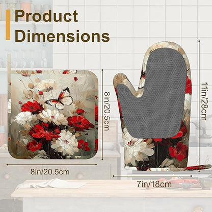 Oven Mitts and Pot Holders White Red Flower Silicone Kitchen Accessories Set of - Image 2