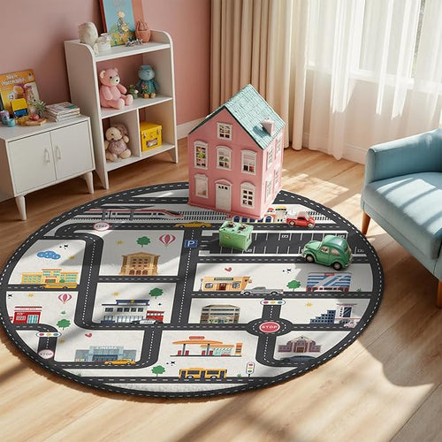 3.3ft Round Kids City Road Car Play Rug by Nayoroom