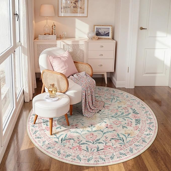 Wonnitar Pink Floral Round Rugs 5ft, Soft Circle Rug Non Slip Washable Round - Image 4