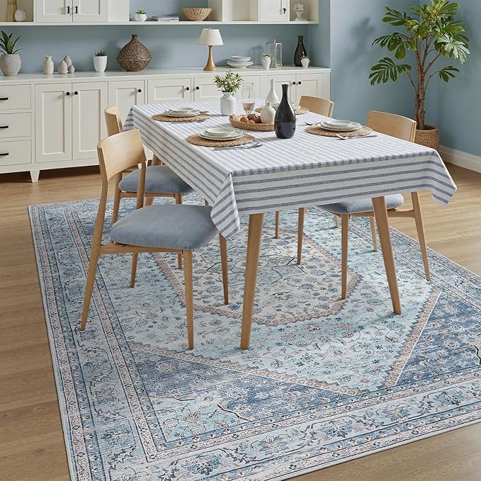 DCX Machine Washable Blue and Beige Area Rug 4x6, Non Slip Stain Resistant - Image 3