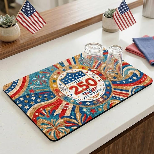 250th Anniversary USA Patriotic Dish Drying Mat 12x20 Absorbent Non-Slip by EazziSwitch