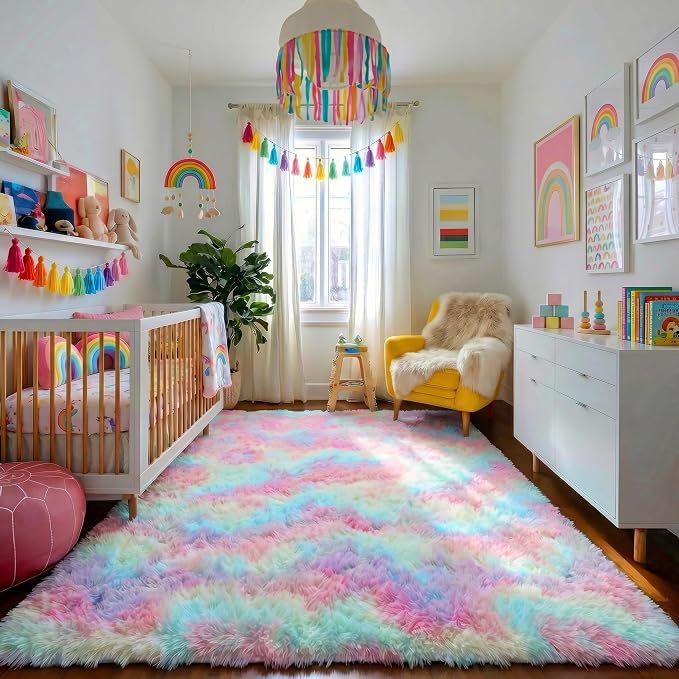 Rainbow Fluffy Kids Rugs for Girls Bedroom, Unicorn Room Decor Aesthetic - Image 7