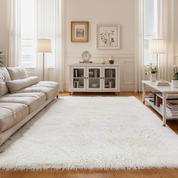 KICHOWUA Area Rug 5x7 Cream White Fluffy Shag by KICHOWUA