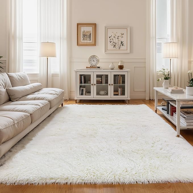 KCHOWUA Cream White Fluffy Shag Rug - Image 7