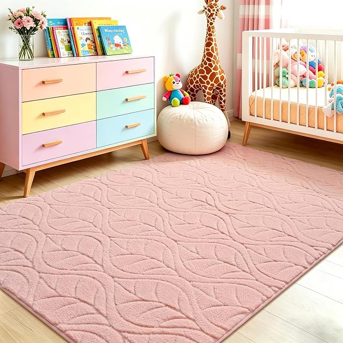 6x9 Pink Washable Area Rug for Bedroom Living Room, Leaf Geometric Patter Shag - Image 5
