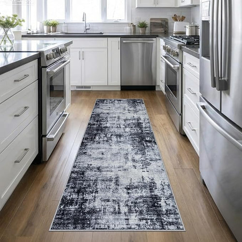 2.6'x10' Runner Rug Washable Rug: Modern Abstract Soft Thin Runner Rug Dark by FXRHLP