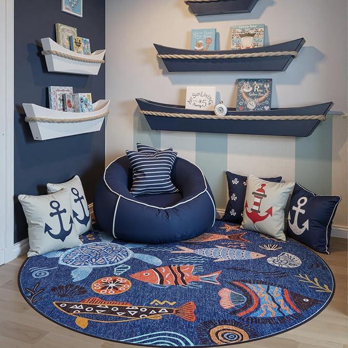 jinchan 5ft Coastal Round Rug Kids Washable Fun Rug Colorful Ocean Fish Floor - Image 9