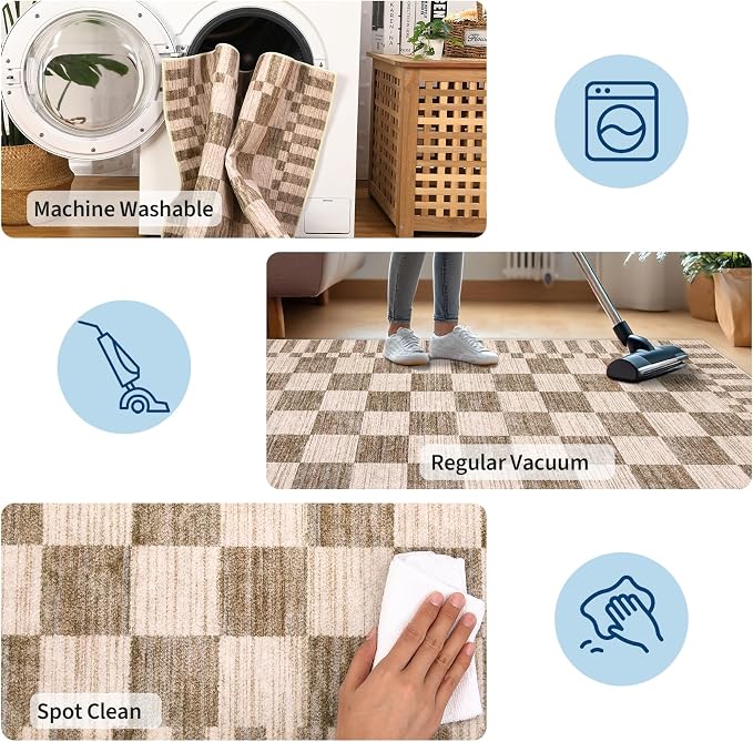 GarveeHome 2.5×8 Kitchen Runner Rug Non Slip Brown Checkered Rug, Washable - Image 7