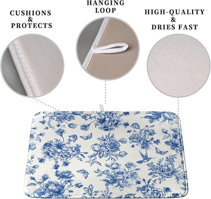 Dish Drying Mat for Kitchen Counter Blue and White Floral Drying Mats - Image 3