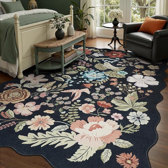 DCX Black Floral Rug 4x6, Washable Black Rug - Image 5