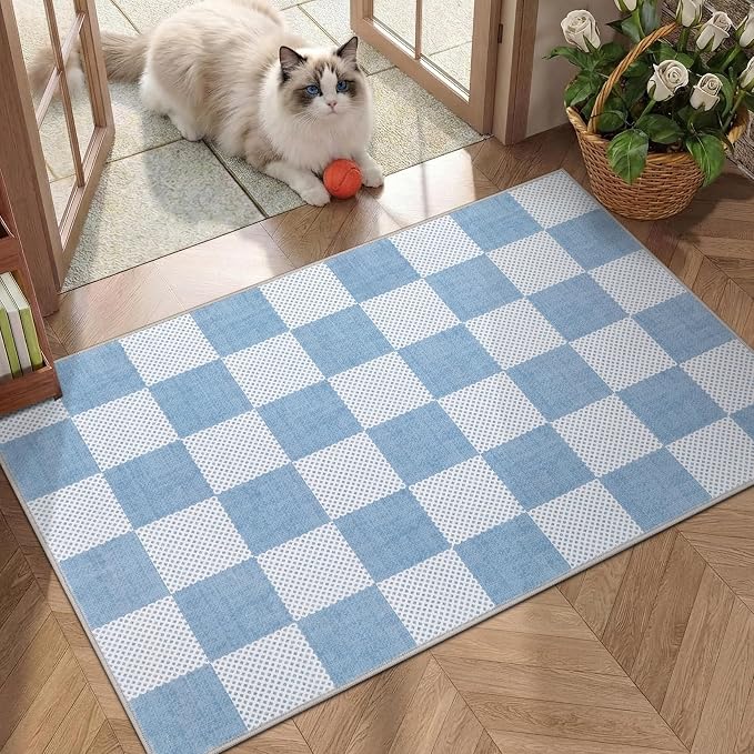 GarveeHome Checkered Light Blue and White 3x5 Washable Rug Geometric Diamond - Image 4
