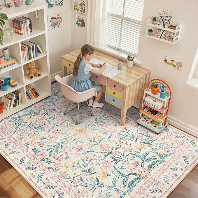 Wonnitar Washable Area Rug 6x9, Boho Non Slip Non-Shedding Pastel Nursery Carpet - Image 3