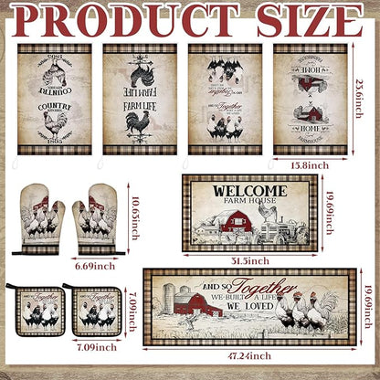Fourluoo 10 Pcs Barn Chicken Kitchen Dish Towels Rugs Oven Mitts and Pot - Image 3