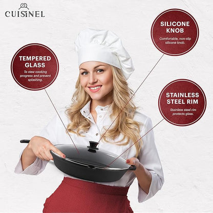 Cuisinel 15" Cast Iron Skillet + Glass Lid Cover + Pan Scraper + Heat-Resistant - Image 5